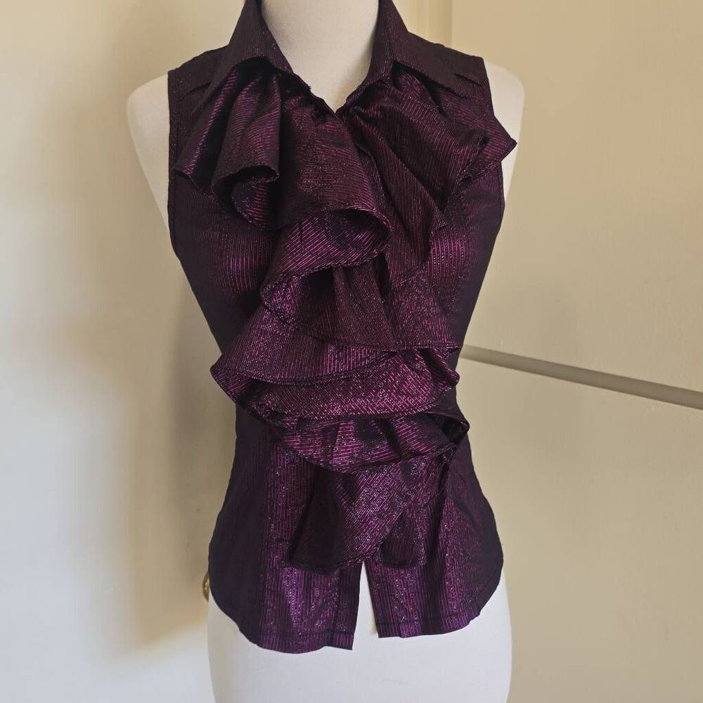 MOA Clothing Purple Lamé Ruffle Front Collared Button Up Blouse, Slvls, NWOT,M